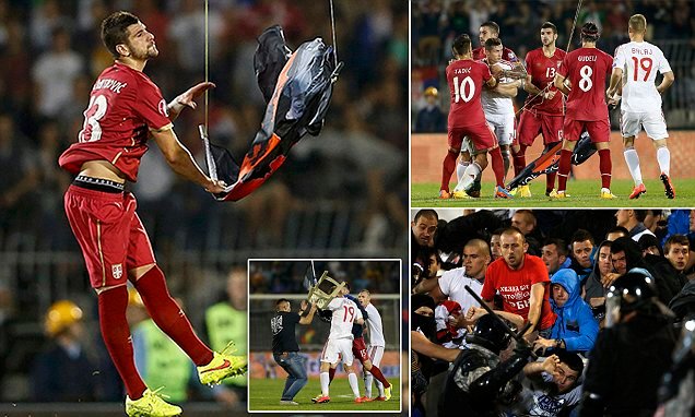 Mitrovic of Serbia grabs an Albanian flag that was flown over the pitch during their Euro 2016 Group I qualifying soccer match against Albania at the FK Partizan stadium in Belgrade